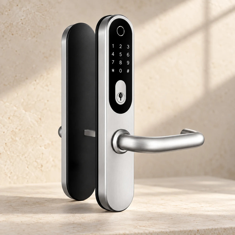 Satin stainless steel digital escutcheon with a lever handle